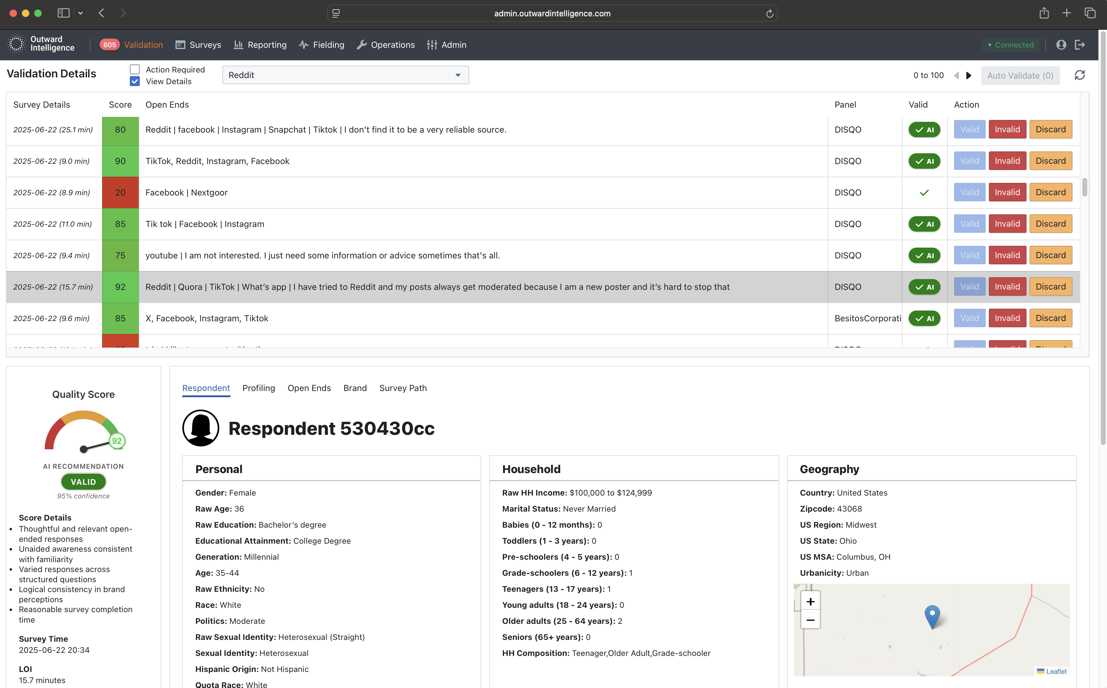 AI validation tool interface showing fraud detection capabilities